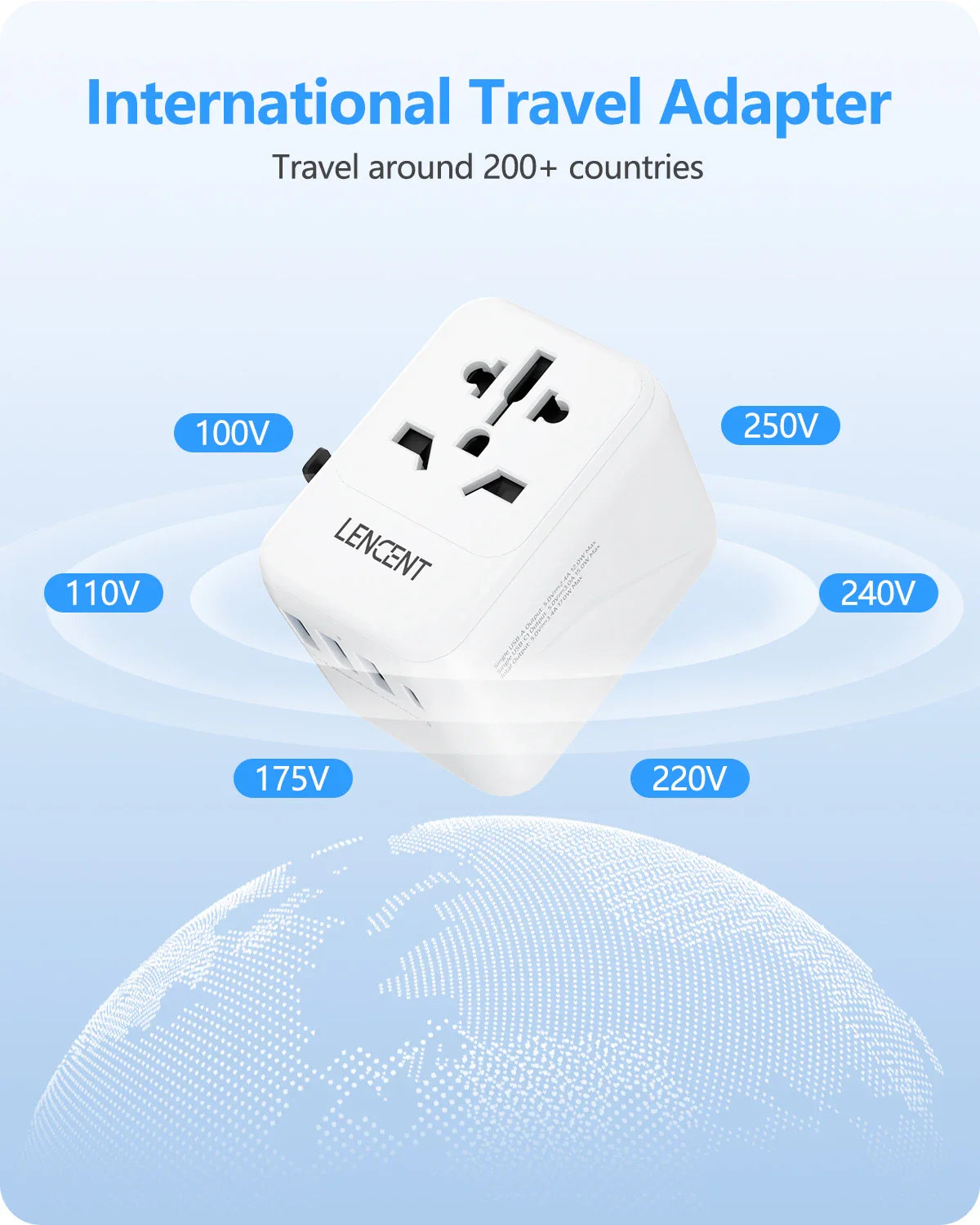LENCENT Universal Travel Adapter with 3 USB Ports & Type-C PD Charging - EU/UK/USA/AUS Plug, All-in-One Travel Charger