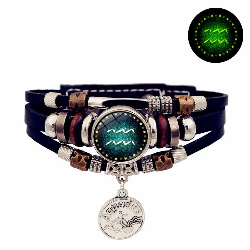 Starry Sky Zodiac Luminous Leather Bracelet - Multi-Layered Beaded Snap Closure for Men & Women, Friendship Bracelet