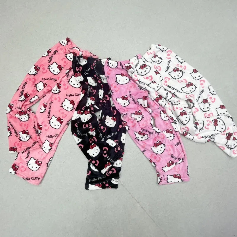 Hello Kitty Black Anime Flannel Pajamas - Women's Warm and Cozy Casual Home Pants