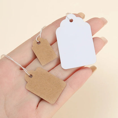 100PCS Price Label Tags — Rectangular Blank Paper Cards with String Tie for Watch & Jewelry Display Merchandise