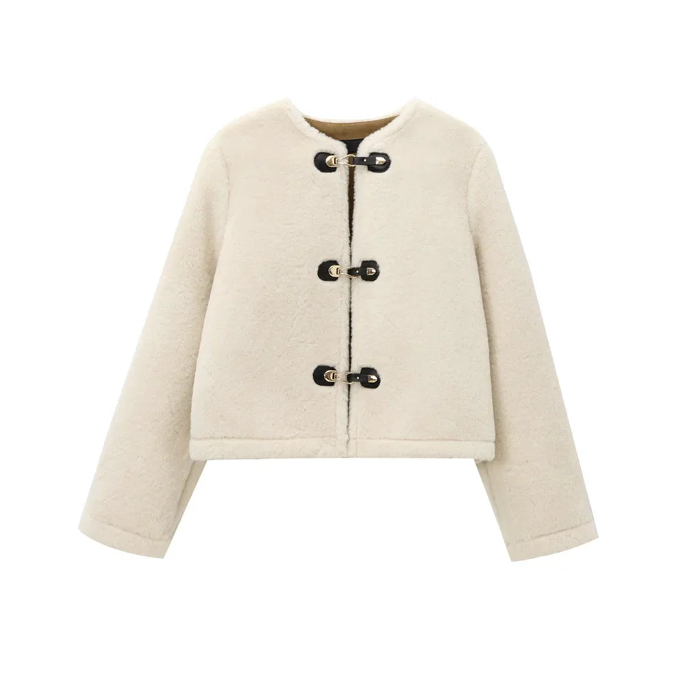 TRAF Women’s Thick Warm Faux Fur Jacket – Long Sleeve Coat with Front Toggle, Chic Fashion Outerwear