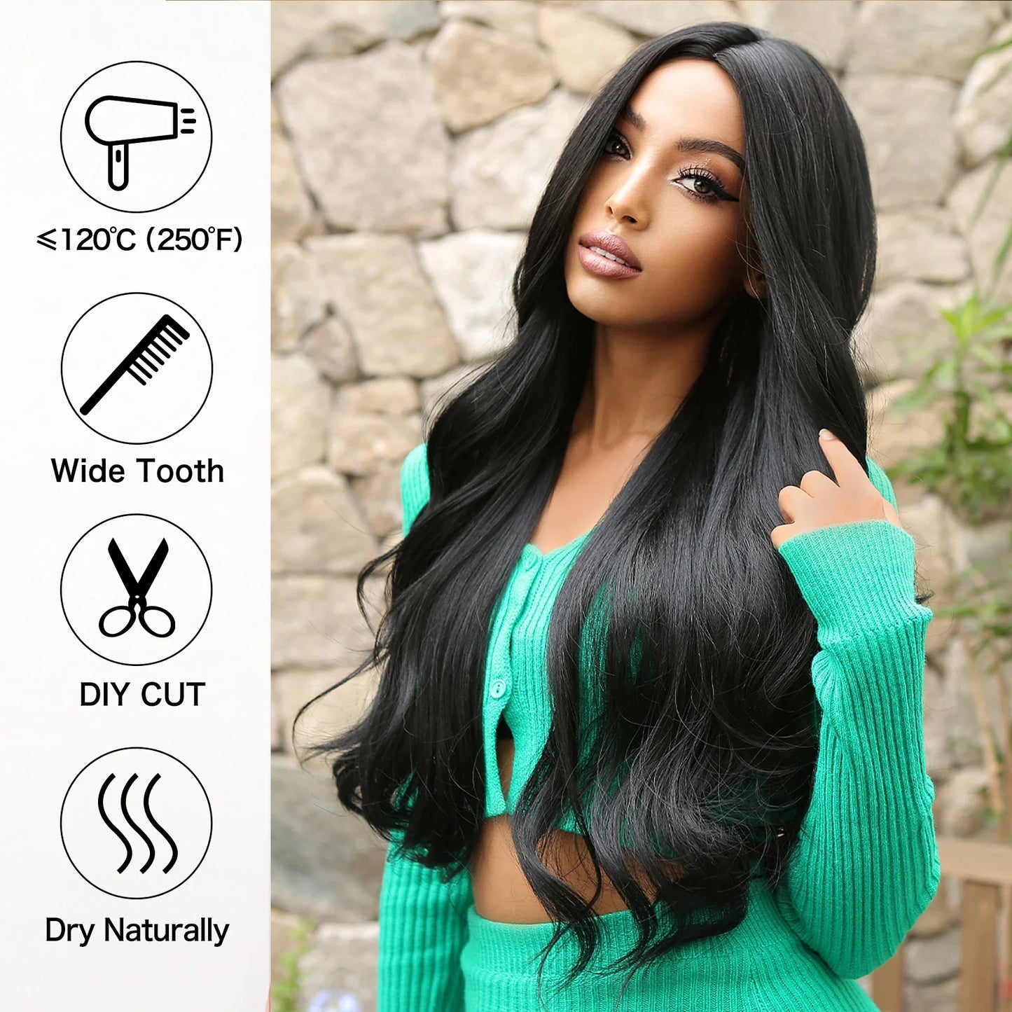 ALAN EATON Black Long Wavy Synthetic Wig – Natural Afro Hair, Middle Part, Heat-Resistant Fiber for Daily Use