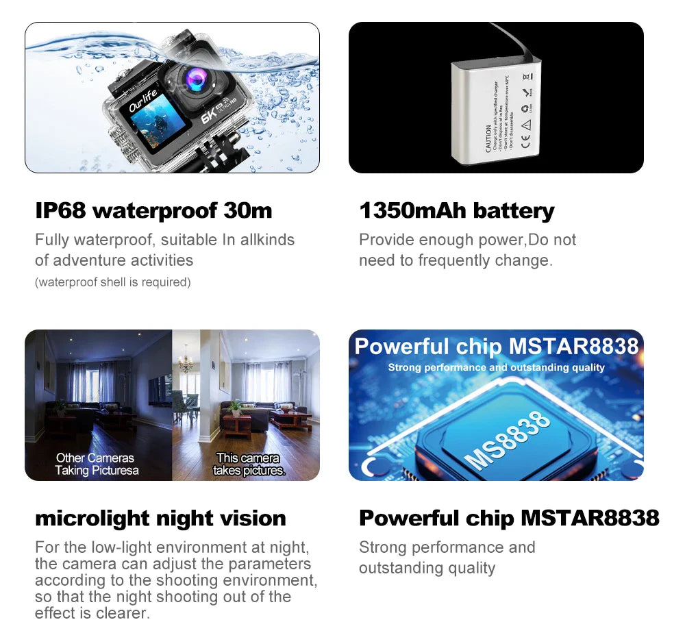 6K 4K60FPS Action Camera – 50MP Dual Screen, 2.0" Touch LCD, EIS, WiFi, 170° Lens, 30M Waterproof, 5X Zoom with Remote