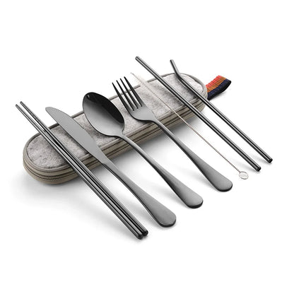 8PCS Portable Tableware Set — Travel Picnic Cutlery with Chopsticks, Fork, Spoon & Knife in Carry Case