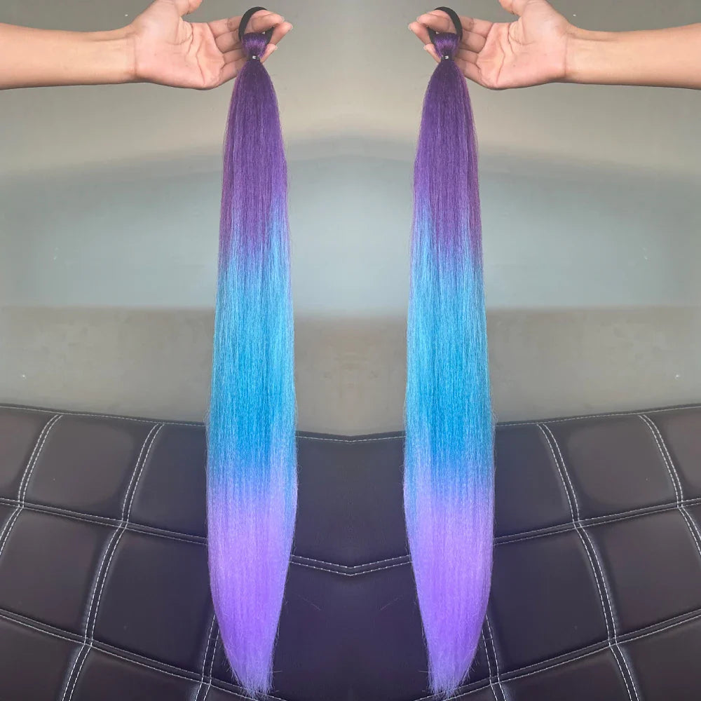 2PCS Synthetic Straight Ponytail Hair Extensions – Colorful Braiding with Elastic Hair Tie for Women
