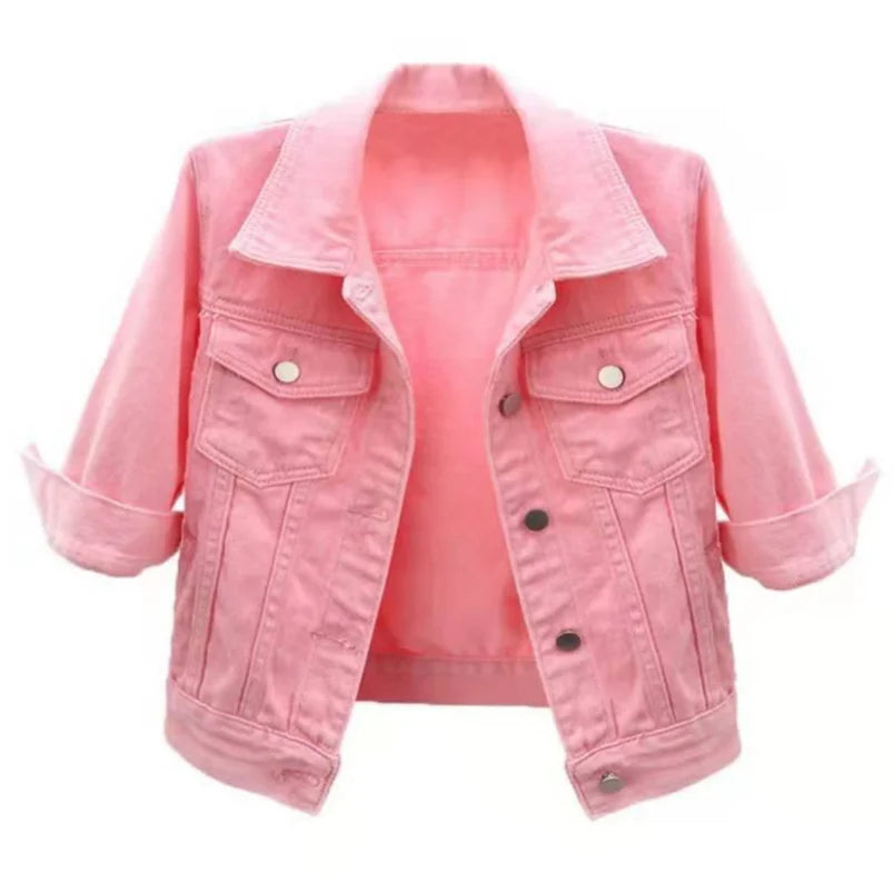 Women’s Denim Jacket – Spring & Autumn Short Coat, Casual Pink Jean Jackets, Loose Purple, Yellow & Blue Outerwear Tops