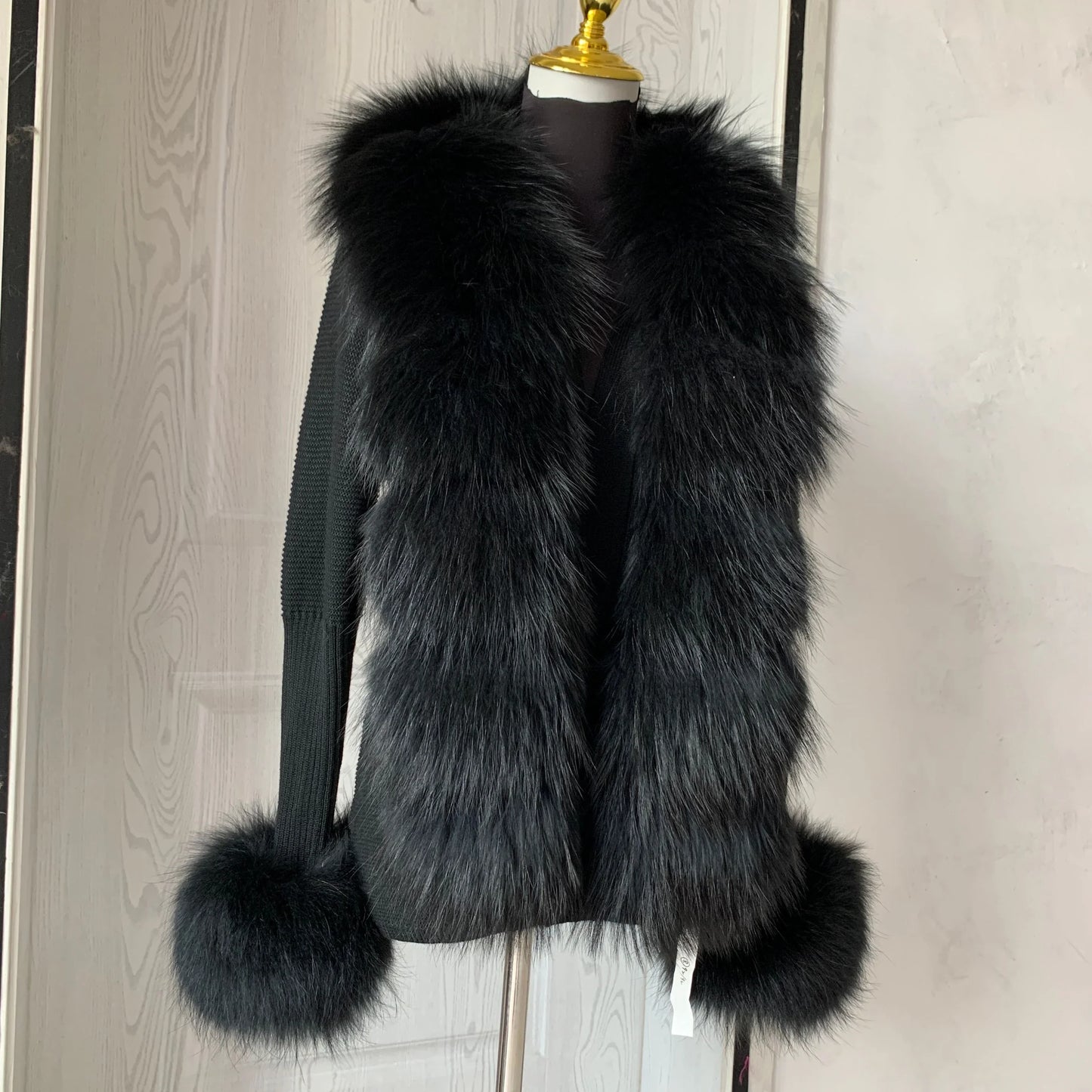 Women’s Spring & Autumn Sweater Cardigan – Real Fox Fur Collar Jacket, Natural Fur Outerwear