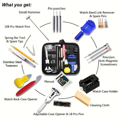 Watch Repair Tool Kit: 147-Piece Set with Case Remover/Opener Bar - Convenience Brand Clock Tool