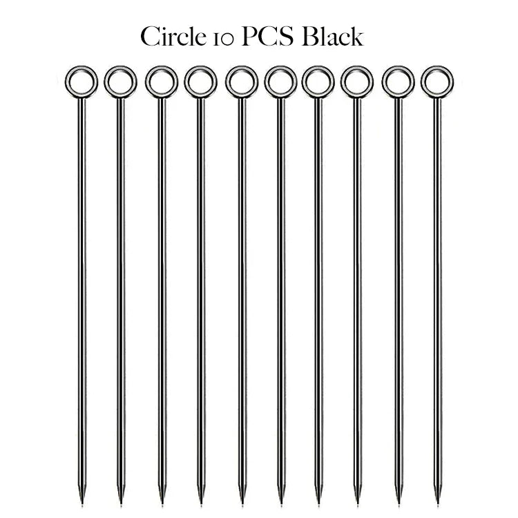 10PCS Stainless Steel Cocktail Picks - Fruit Sticks & Drink Stirring Sticks in Circle, Ball, and Hat Shapes