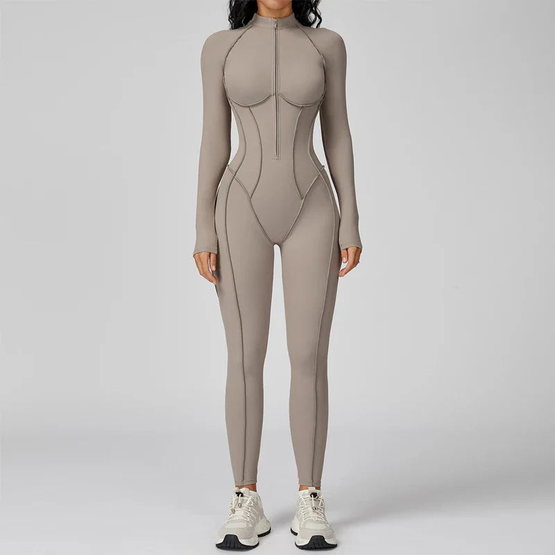 VITALINOVO Women’s Athletic Onesie Jumpsuit – Long Sleeve Zip-Up Running Romper, Bodycon Workout & Hiking One-Piece Activewear Outfit