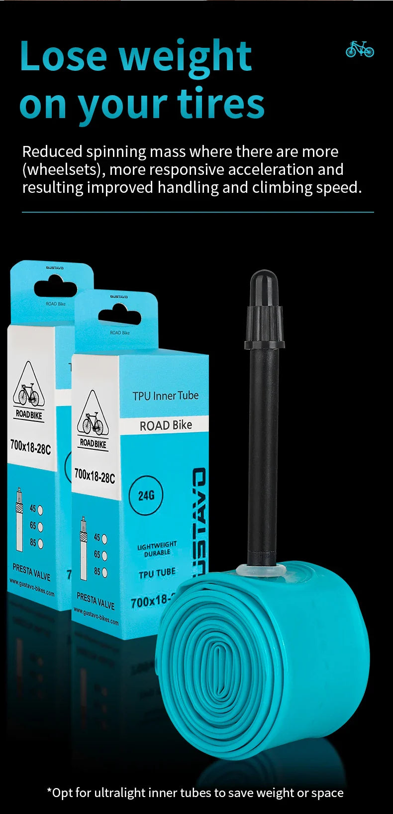 GUSTAVO Ultralight TPU Road Bike Inner Tube – 700x18-28C with 45/65/85mm Valve, 24g