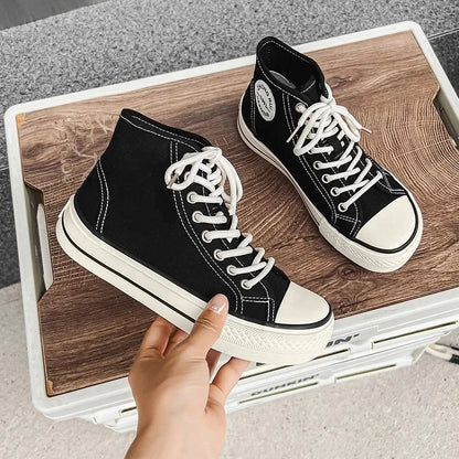 Women’s High-Top Canvas Shoes — Round-Toe, Low-Profile, Breathable Flat Heel Board Shoes for Spring/Summer