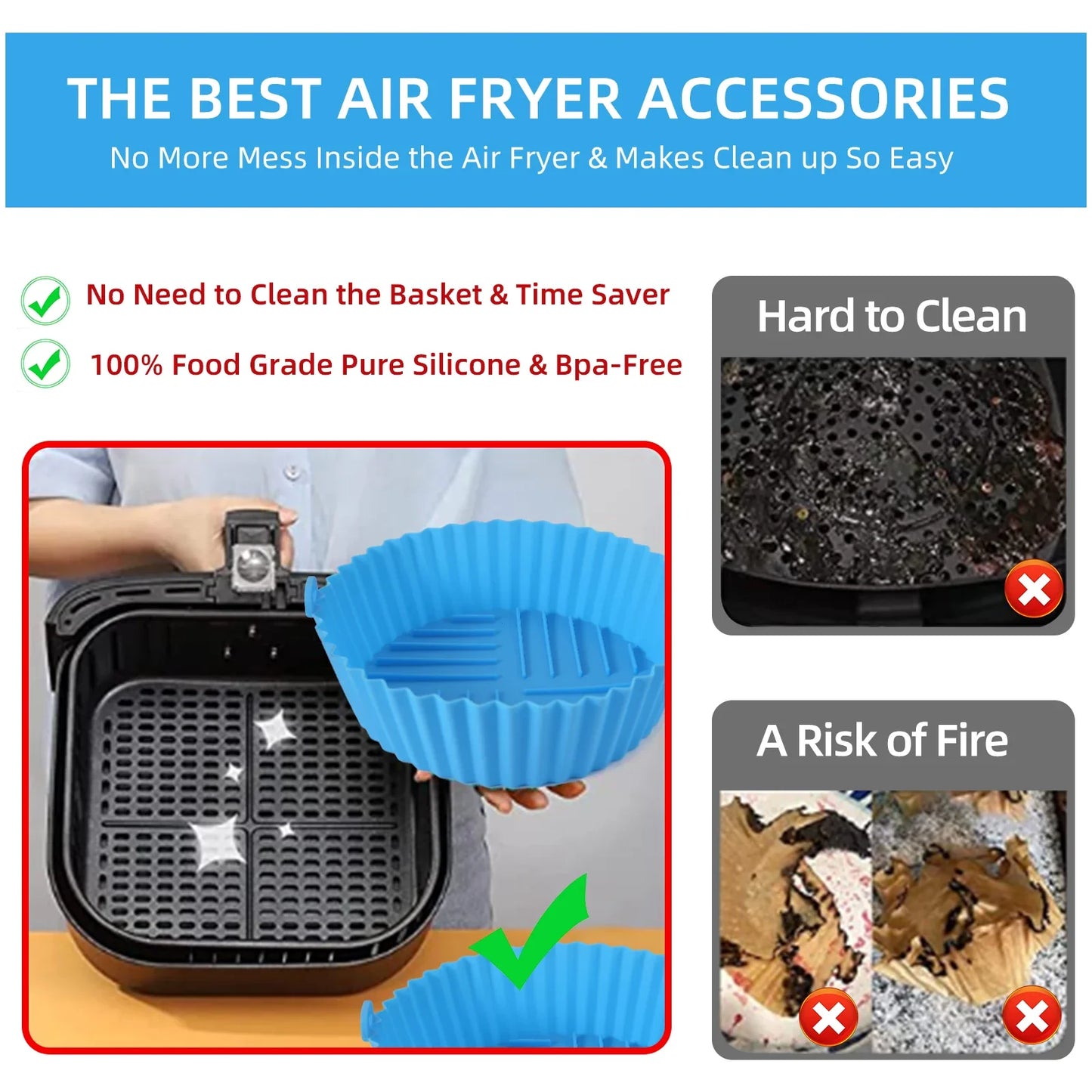 Reusable Air Fryer Silicone Liners: Food-Safe, Non-Stick Silicone Pot for Air Fryer Basket - Easy Cleaning Accessory