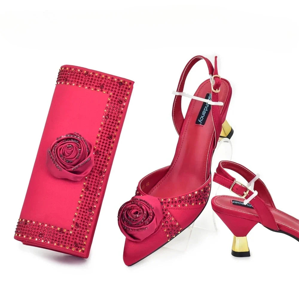 Women's Rhinestone Shoe & Bag Set - Nigerian Party Pumps with Handmade Flower Matching Bag