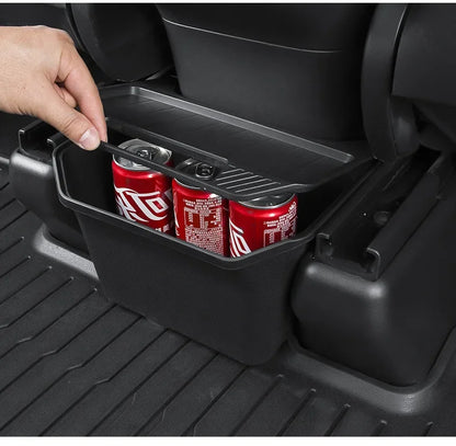 Rear Seat Storage Box for Tesla Model Y: Organizer Center Console Bins, Backseat Trash Can, Garbage Bag - Under Seat Tray Accessories