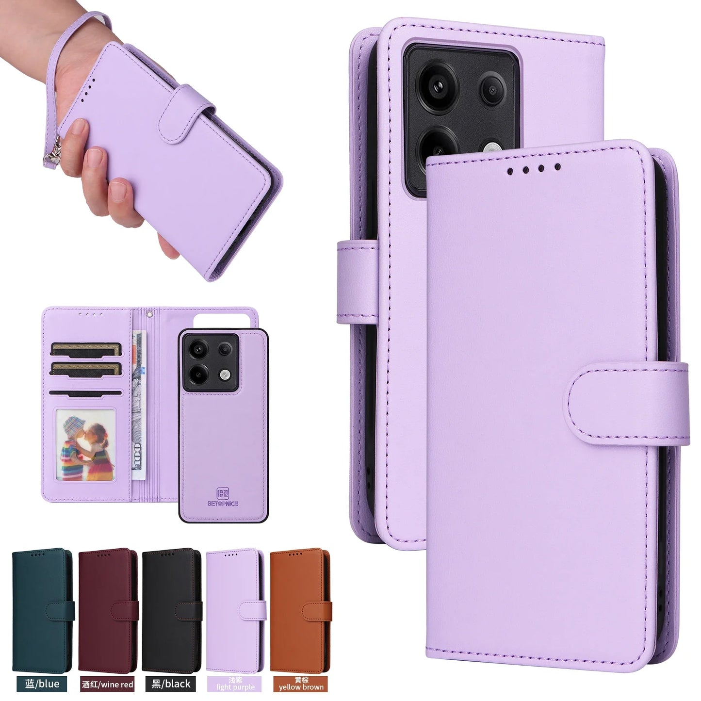 2-in-1 Magnetic Card Slot Leather Wallet Case for Xiaomi Redmi Note 13 Pro Plus, 12, 13C, 13T, C65 & POCO X6 5G – Stand Bag with Strap Cover
