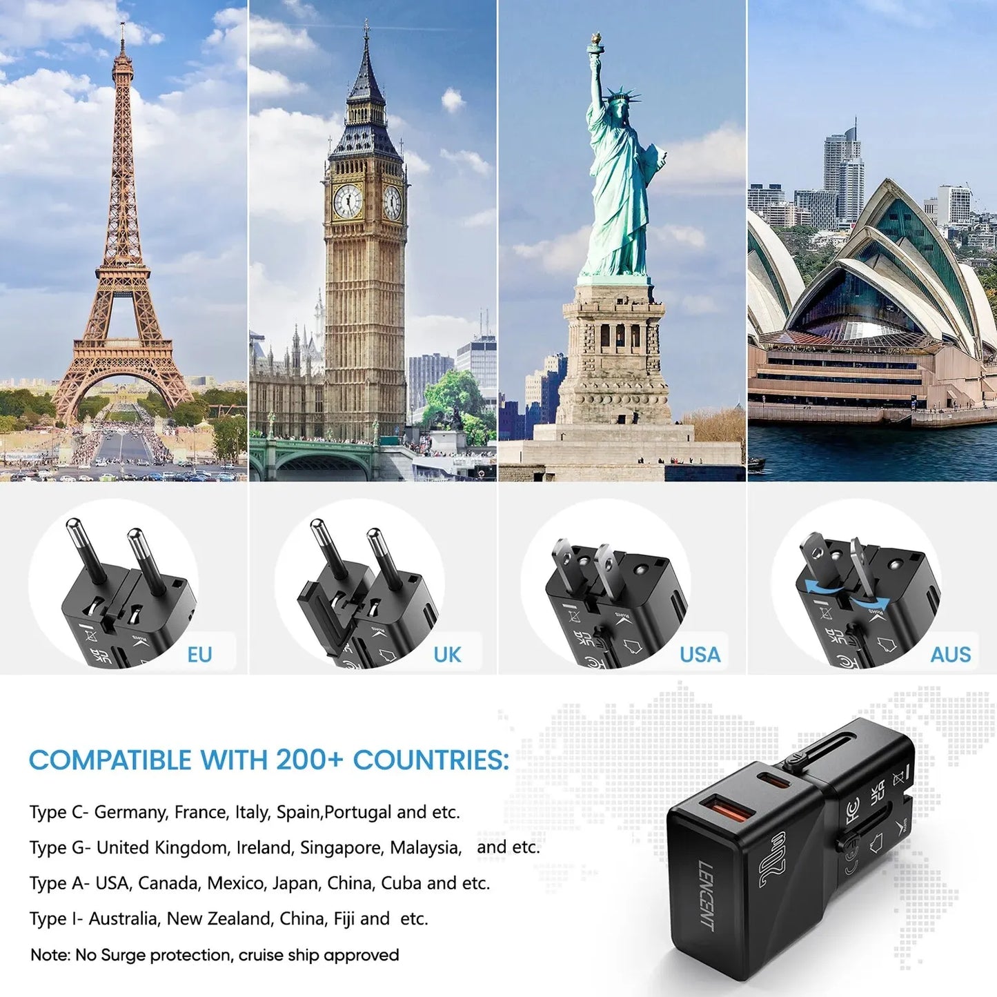 LENCENT Universal Travel Adapter – USB QC 3.0 & PD 20W Type-C Fast Charger for US, EU, UK, AUS Travel