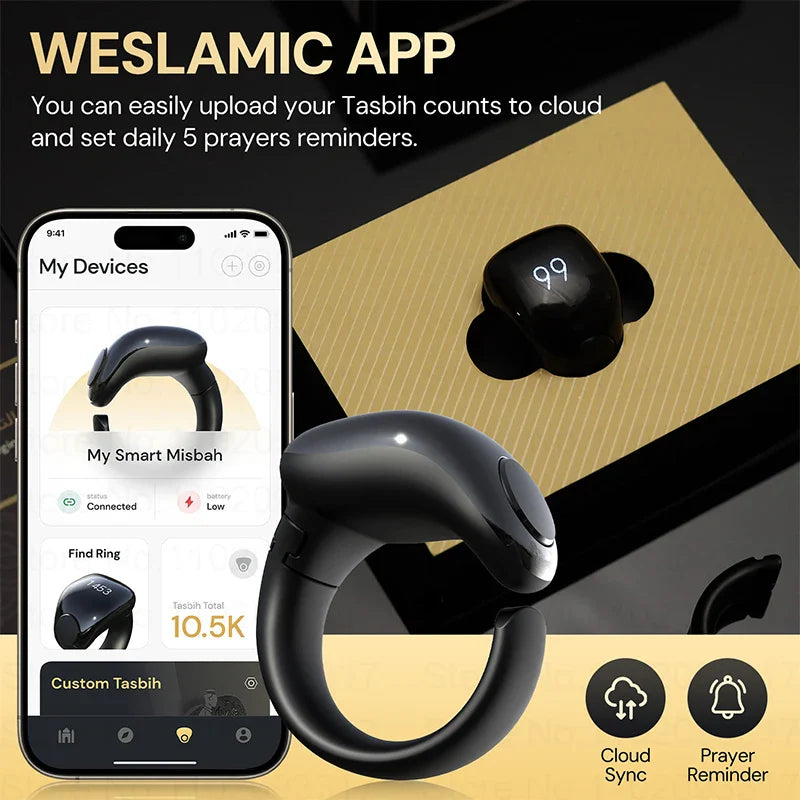 Weslamic Smart Tasbeeh Zikr Ring – Digital Islamic Tally Counter with Prayer Reminder, Magnetic Charging & Waterproof