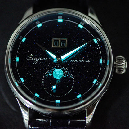 Sugess Origin ST2528 Mechanical Watch – Men's Luxury Moonphase Wristwatch with Real Blue Stone Dial & Stainless Steel Case