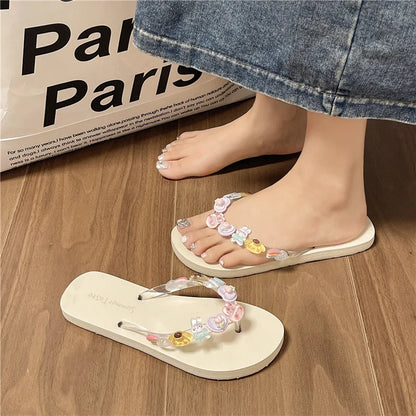 Women’s Transparent Flower Flip Flops - Lightweight EVA Anti-Slip Summer Beach & Bath Sandals