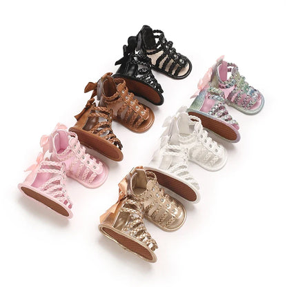 Baby Girl Bowknot Sandals - PU Leather Braided Non-Slip Summer Flats for Toddlers