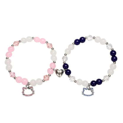 Spider Cat Charm Beaded Bracelet Set – Multi Color Cat Eye & Heart Bracelets for Best Friends with Red, Blue Beads & Fireball Spacer