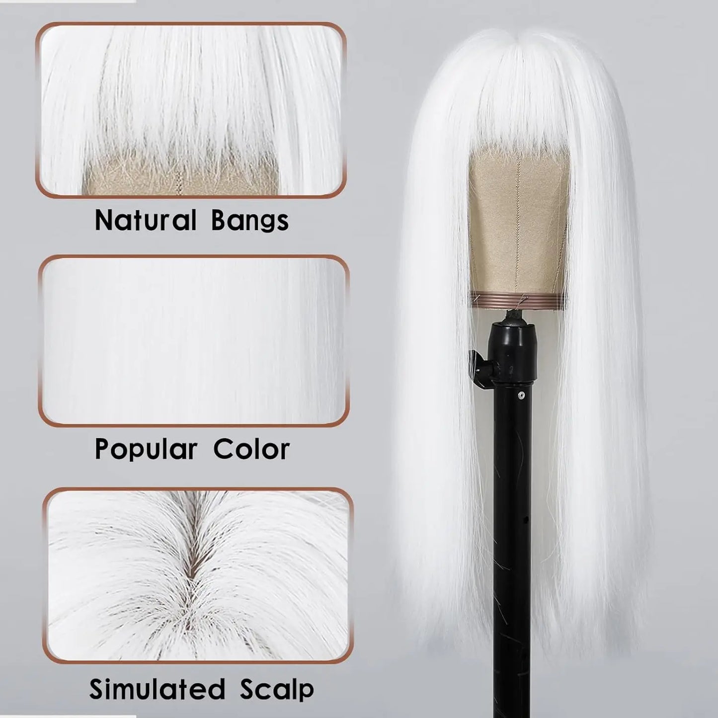 LOUIS FERRE Straight White Synthetic Wig – Long Natural Hair Wig with Bangs, Heat Resistant, Daily Wear for White Women