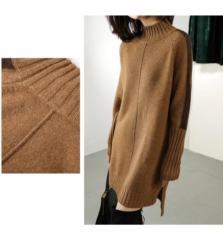 Turtleneck Knitted Sweater for Women – Autumn/Winter Warm Thick Pullovers, Wool Knit Crochet Y2K Split Jumper Cardigan