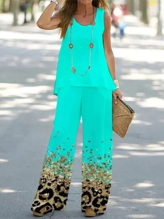 Women Printed 2-Piece Summer Suit Set – Sleeveless Round Neck Top & Wide Leg Pants Casual Loose Fit Outfit