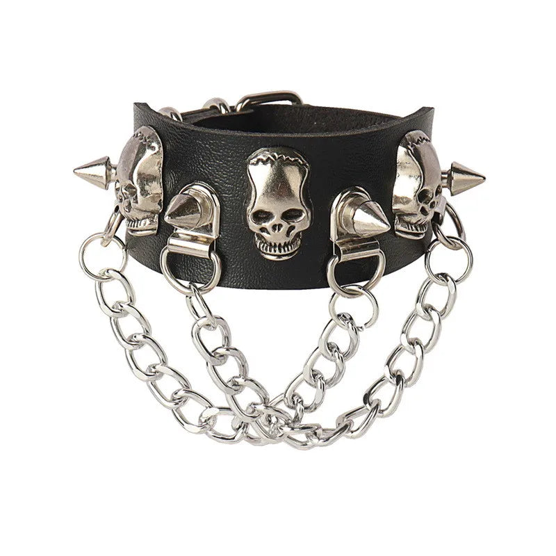 90s Punk Style Bracelet – PU Leather with 3 Rows of Spikes & Square Studs, Fashion Bangle for 2024