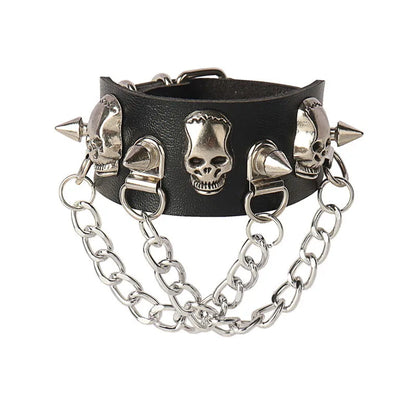 90s Punk Style Bracelet – PU Leather with 3 Rows of Spikes & Square Studs, Fashion Bangle for 2024
