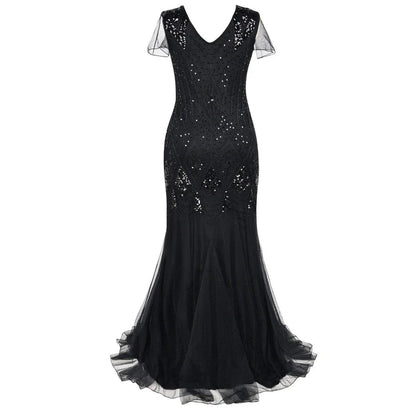 Women’s 1920s Great Gatsby Flapper Dress – Vintage V-Neck Sequin & Bead Long Mesh Maxi Party Prom Gown
