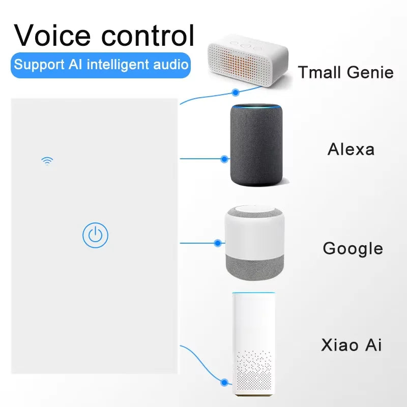 WiFi & Bluetooth Smart Touch Panel Switch - US Standard, 1/2/3/4 Way, Compatible with Tuya & Google Home