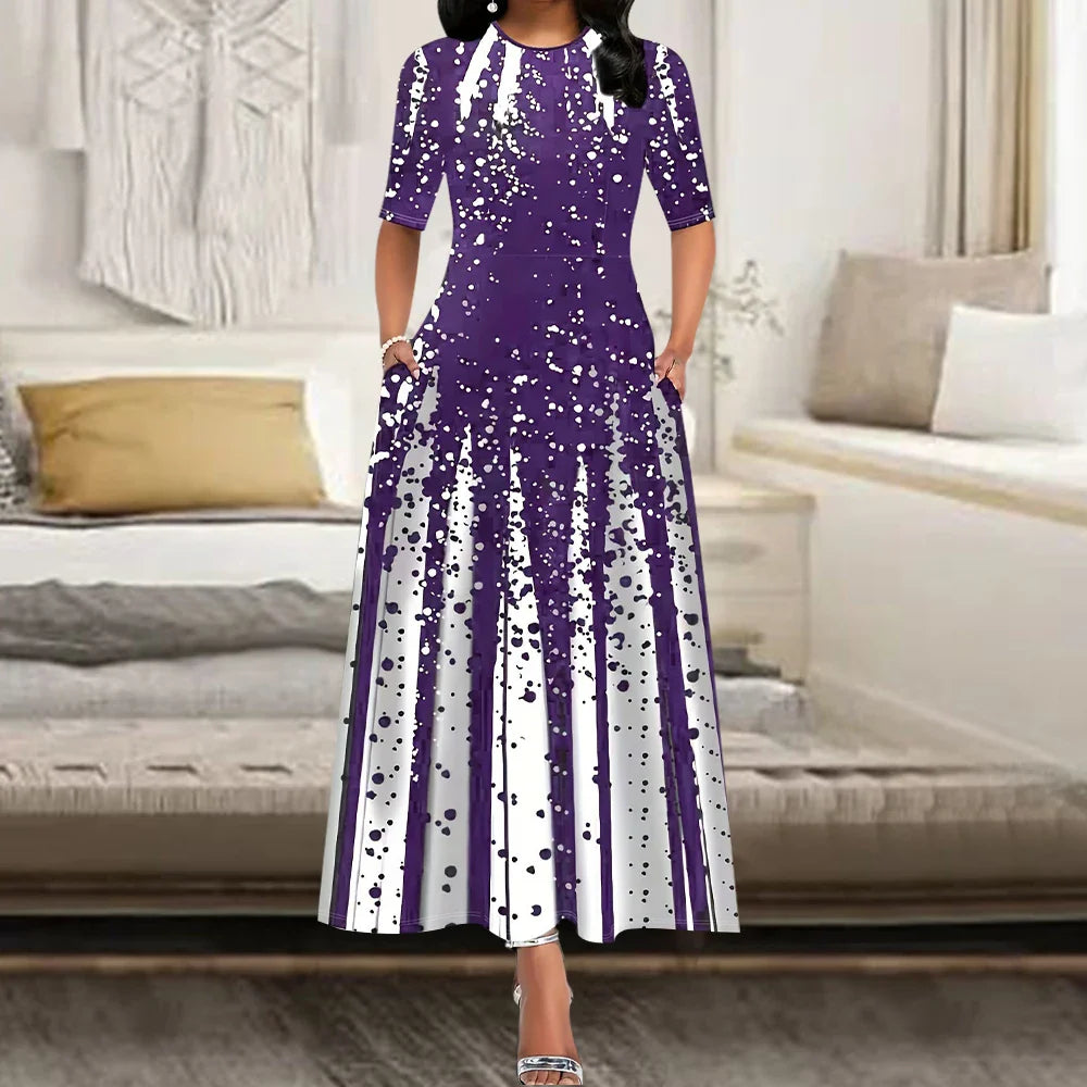 Women’s Elegant Long Party Dress 2024 – Loose Retro Printed Casual Dress with Round Neck & Short Sleeves