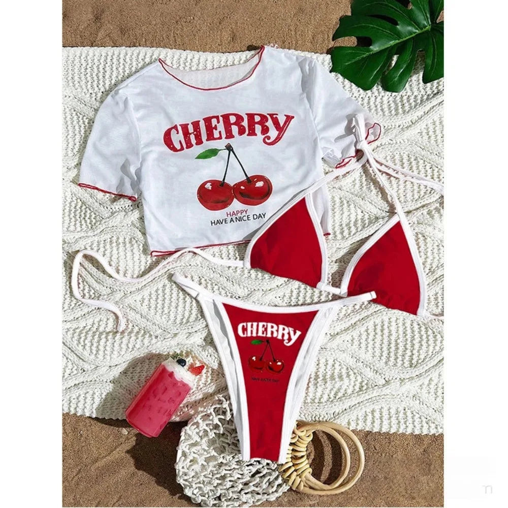 2026 Women’s Printed Mesh Bikini Set – Sexy 3-Piece Split Swimsuit Top Beachwear Swimwear