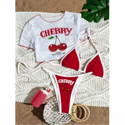 2026 Women’s Printed Mesh Bikini Set – Sexy 3-Piece Split Swimsuit Top Beachwear Swimwear