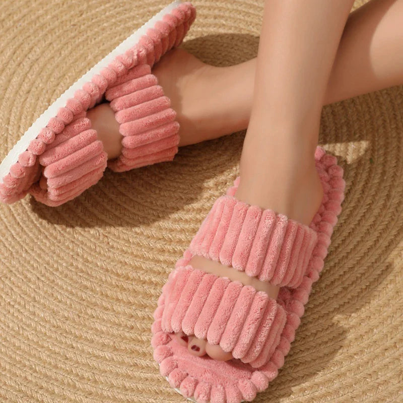 Women’s Corduroy Fuzzy Home Slippers – Lightweight Open Toe Non-Slip Plush Indoor Floor Slides for Autumn & Winter