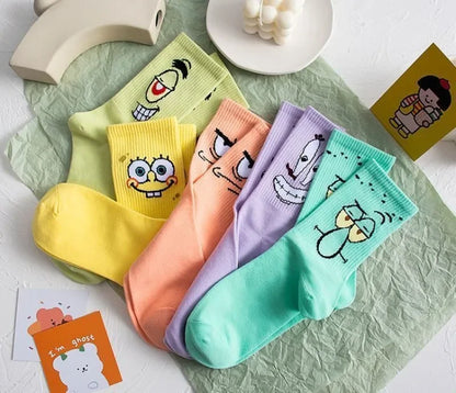 5-Pair SpongeBob Anime Cotton Socks — Breathable Long Tube Mid-Calf Socks for Boys & Girls, Comfortable Student Gift