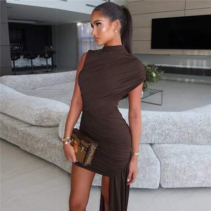 Balitops Summer Draped Ruched Mini Dress – 2025 Irregular High Waist Slim Fit Elegant Club Tank Dress for Women