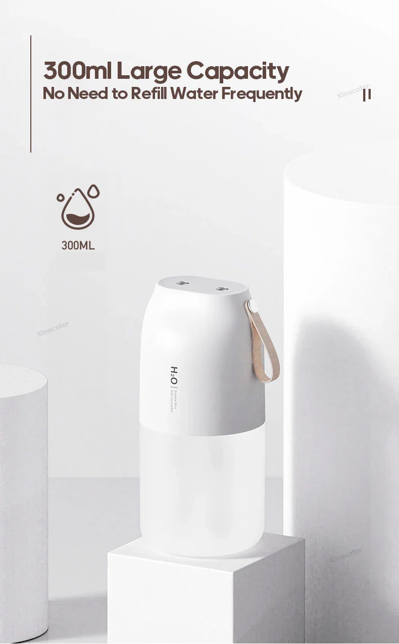 KINSCOTER Portable Double Mist Air Humidifier – 300ml Cold Mist Diffuser, 2000mAh Car Air Purifier & USB Mini Air Freshener