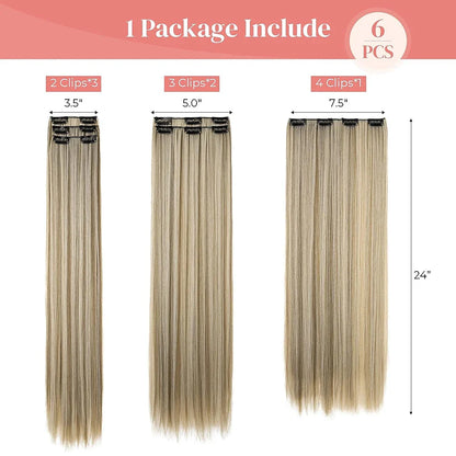 Black Hair Extensions: 24"/60cm, 140g, 6pcs/set Long Straight Synthetic - Full Head Clip, 16 Clips, Ombre, Heat Resistant Fiber for Women