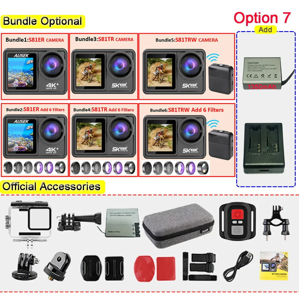 AUSEK S81TRW 5K Action Camera – 4K60FPS, 48MP, EIS, 5X Zoom, 1080P Webcam, Wi-Fi Vlog Sports Cam with Remote & Optional Filters