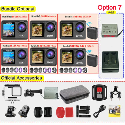 AUSEK S81TRW 5K Action Camera – 4K60FPS, 48MP, EIS, 5X Zoom, 1080P Webcam, Wi-Fi Vlog Sports Cam with Remote & Optional Filters