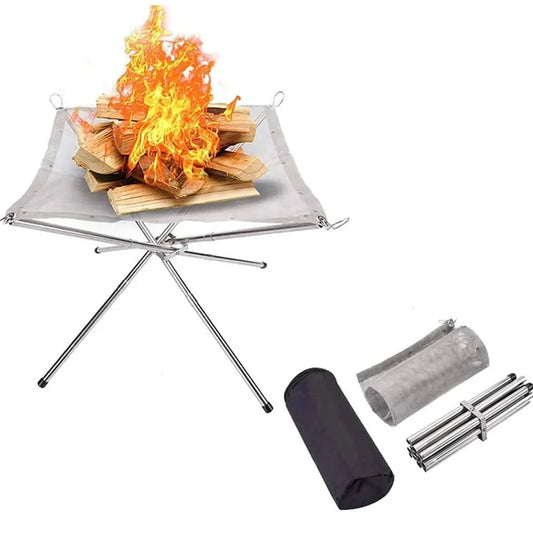 Foldable Stainless Steel Campfire Rack: Outdoor Camping Fire Pit Wood Stove Frame for BBQ, Bonfire in Garden or Backyard