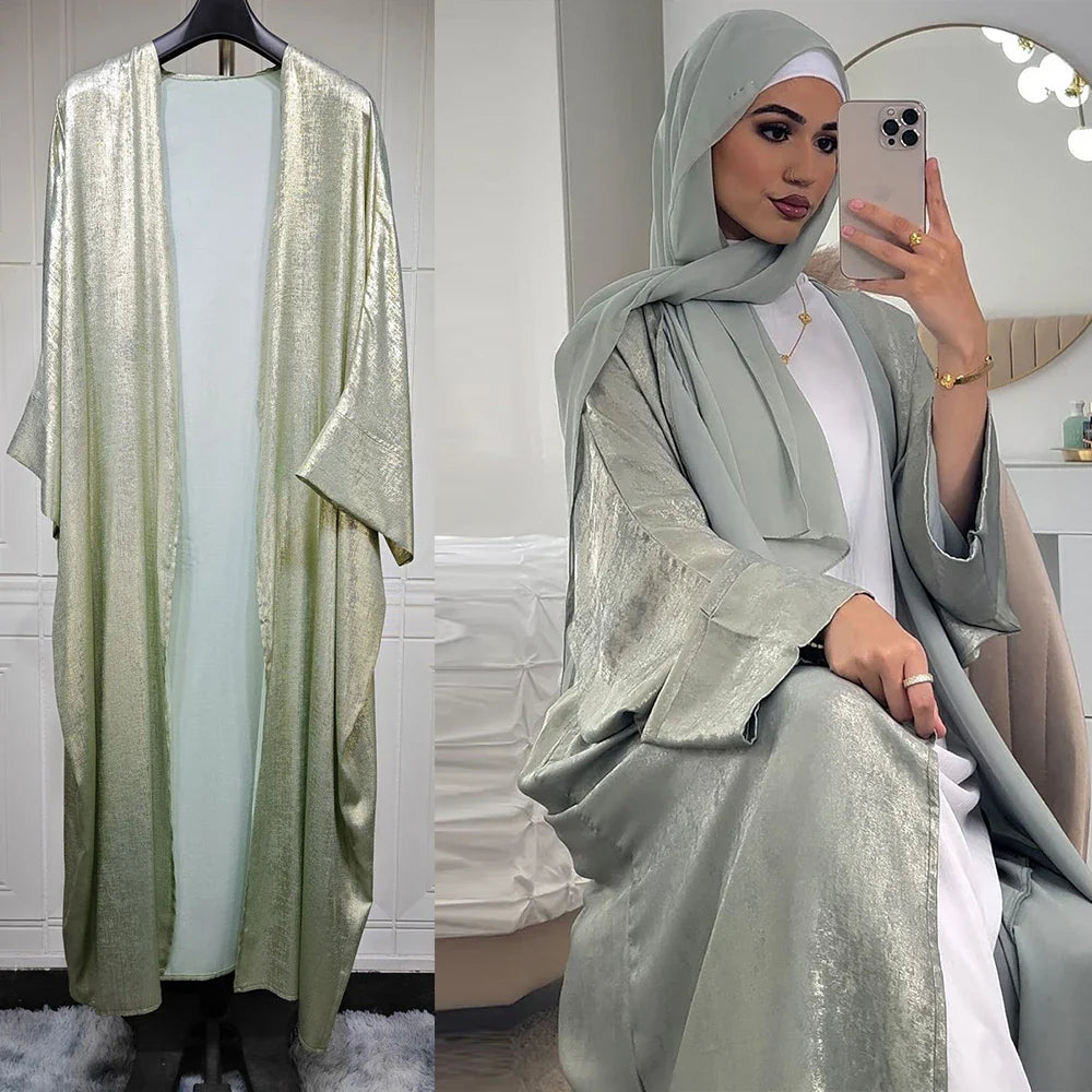 Women’s Shiny Satin Open Kimono Abaya – Luxury Dubai Ramadan Muslim Kaftan Dress