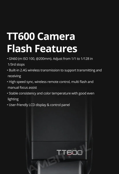 Godox TT600 2.4G Wireless Camera Flash – GN60 Speedlite Master/Slave for Canon, Nikon, Sony, Pentax, Olympus, Fuji, Lumix