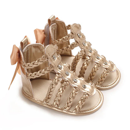 Baby Girl Bowknot Sandals - PU Leather Braided Non-Slip Summer Flats for Toddlers