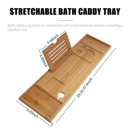 Bamboo Bathtub Caddy Tray – Spa Organizer with Book, Wine & Tablet Holder, Non-Slip & Extendable Sides