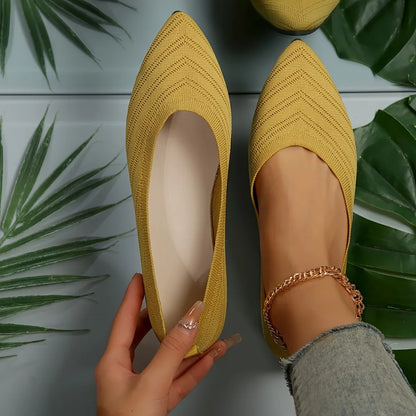 Women’s Solid Color Pointed Toe Knitted Slip-On Flats – Casual Breathable Ballet Loafers