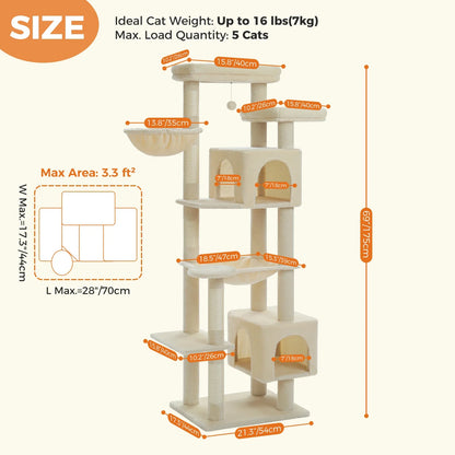 Large Cat Tree Tower – Multi-Level Plush Indoor Cat Condo with Scratching Posts, Boards, Perches & Caves